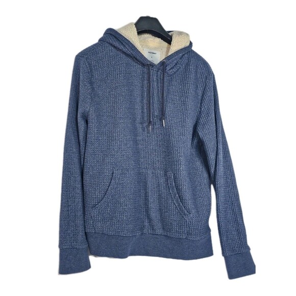 Old Navy Pullover Mens Blue Ribbed Sherpa Lined Waffle Knit Pockets Hoodie Sz M - Picture 2 of 6